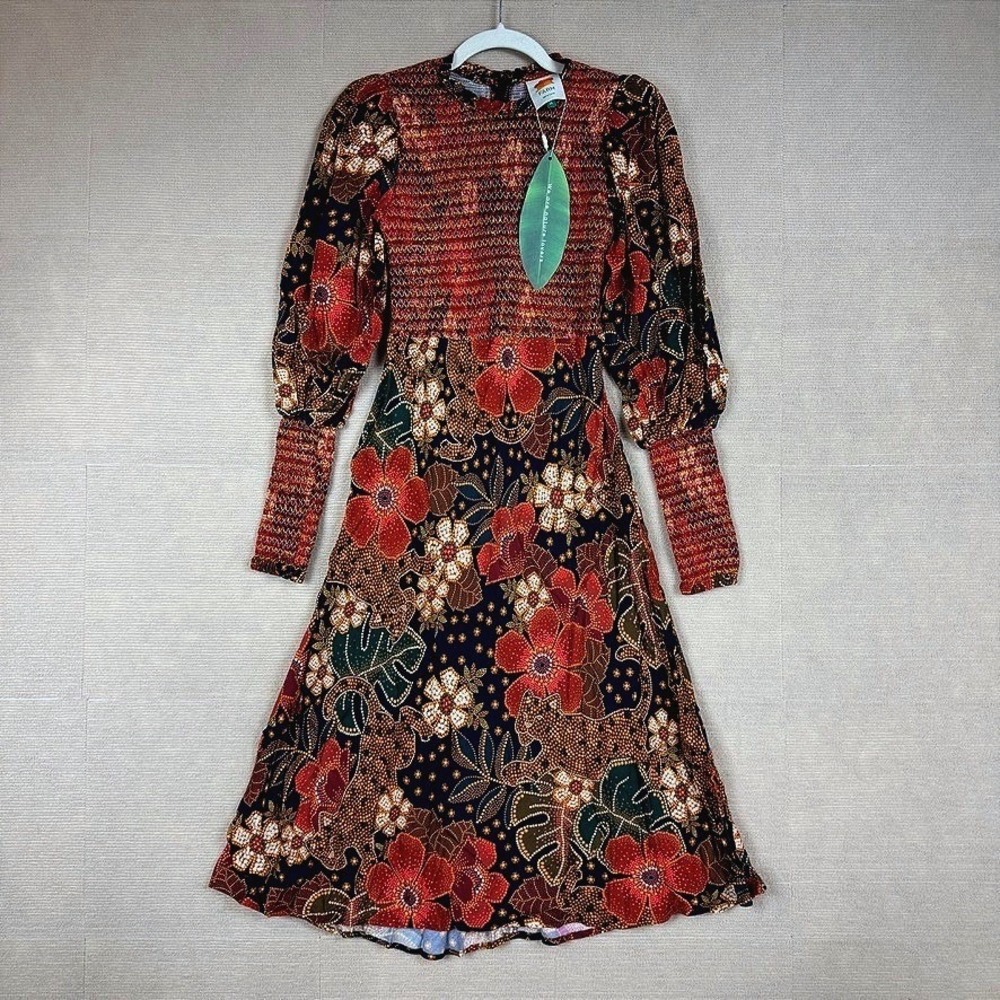 Farm Rio Flowered Leopards Midi Dress XS Black Orange Smocked Puff Sleeve 301807